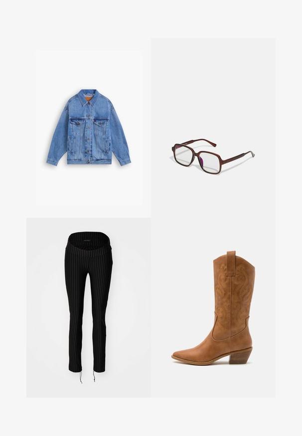 Svjetloplavi traper jakna s klasičnim ovratnikom, dva džepa na prsima, bočne džepove i kopčanje na gumbe. Ima slobodan kroj i vidljivo šivanje.; Srajca na gumb z navpičnimi črtami v odtenkih modre, črne in bele barve. Narejena iz gladkega blaga s klasičnim ovratnikom in gumbom za zapiranje.; Črne hlače s pepita vzorcem in širokim, zloženim pasom ter z vrvicami na dnu. Narejene so iz raztegljivega materiala, ki nudi oprijet silhueto.; Rjavi usnjeni kauboj čevlji s koničastim nosom, vezenimi vijugastimi vzorci na zgornjem delu in zloženim kvadratnim peto. Imajo zanko za enostavno obuvanje.; Rjave, pravokotne očala z prosojnimi lečami in vijoličnimi odtenki. Gladek plastičen okvir z ravnimi steblami in subtilnimi detajli.; Srebrni obroči za ušesa z gladko, polirano površino. Okrogla oblika in varna zaponka s klikom. Lahka zasnova, primerna za vsakodnevno nošenje.