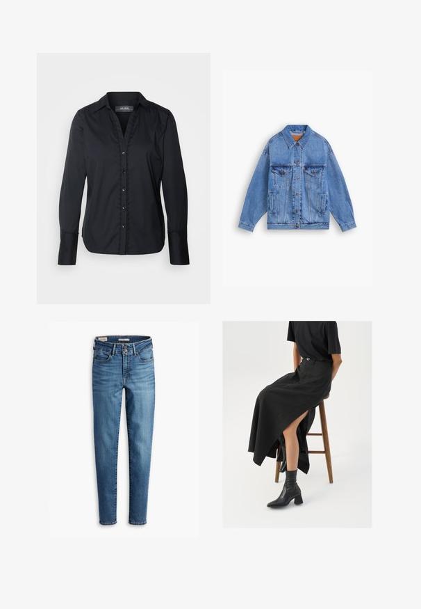 Light blue denim jacket with a classic collar, two chest pockets, side pockets, and button closure. Features a loose fit and visible stitching.; Mos Mosh WAVE SHIRT - Button-down blouse - black; High-waisted, skinny jeans in light blue denim. Features five pockets, front button closure, and classic stitching detail throughout.; Black linen maxi skirt with a high slit, worn with a black t-shirt and black ankle boots. Minimalistic design with a relaxed fit.