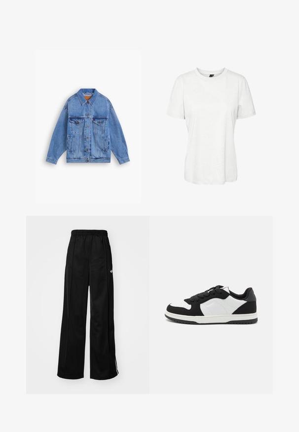 Helle blaue Jeansjacke mit klassischem Kragen, zwei Brusttaschen, Seitentaschen und Knopfverschluss. Hat eine lockere Passform und sichtbare Nähte.; Weißes, kurzärmliges T-Shirt aus Baumwolle mit rundem Ausschnitt und lockerer Passform. Glatte Textur und keine sichtbaren Muster oder Verzierungen.; Schwarze weiter Schnitt Jogginghose mit elastischem Bund, mit weißen Seitenstreifen und kleinem Logo auf der linken Hüfte. Glatte Stofftextur.; Schwarz-weiße Sneakers mit einem strukturierten Wildleder-Obermaterial, glatten Lederakzenten, runder Spitze und einer Gummisohle mit einem Profil-Design.