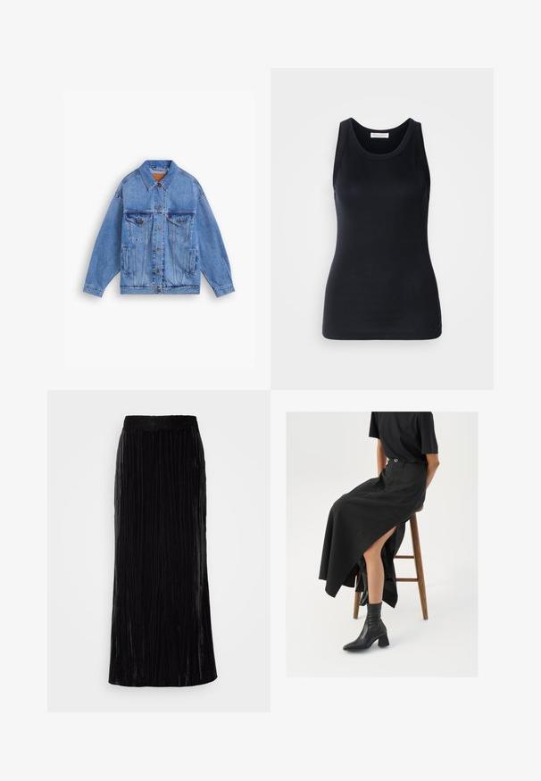 Light blue denim jacket with a classic collar, two chest pockets, side pockets, and button closure. Features a loose fit and visible stitching.; Black tank top made from soft, stretchy fabric. Features a round neckline and wide shoulder straps, with a fitted silhouette and smooth texture.; Black velvet maxi skirt featuring vertical pleats and a scalloped lace waistband. The fabric has a soft, textured appearance.; Black linen maxi skirt with a high slit, worn with a black t-shirt and black ankle boots. Minimalistic design with a relaxed fit.