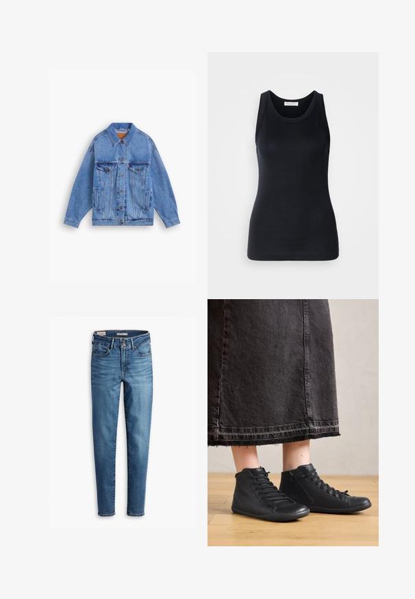 Veste en denim bleu clair avec un col classique, deux poches poitrine, des poches latérales et une fermeture à boutons. Présente une coupe ample et des coutures visibles.; Débardeur noir en tissu doux et extensible. Il dispose d'un col rond et de larges bretelles, avec une silhouette ajustée et une texture lisse.; Jean skinny taille haute en denim bleu clair. Comprend cinq poches, fermeture à bouton à l'avant et détails de couture classiques sur l'ensemble.; Chaussures montantes en cuir noir avec une texture lisse, dotées de lacets et d'une fermeture éclair sur le côté. Portées avec une longue jupe en denim noire.