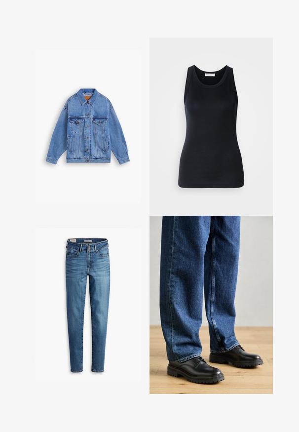Svjetloplavi traper jakna s klasičnim ovratnikom, dva džepa na prsima, bočne džepove i kopčanje na gumbe. Ima slobodan kroj i vidljivo šivanje.; Črn top brez rokavov, izdelan iz mehkega, raztegljivega materiala. Ima okrogel ovratnik in široke naramnice, s prilagojeno silhueto in gladko teksturo.; Visoko pasovi, skinny kavbojke iz svetlo modrega denima. Imajo pet žepov, sprednje zapiranje na gumb in klasične šiveščine po celotni dolžini.; Črne usnjene čevlje z zaobljenim prstom, z vezalnim oblikovanjem in debelim, teksturiranim gumijastim podplatom, v kombinaciji z ohlapnimi modrimi jeans hlačami.