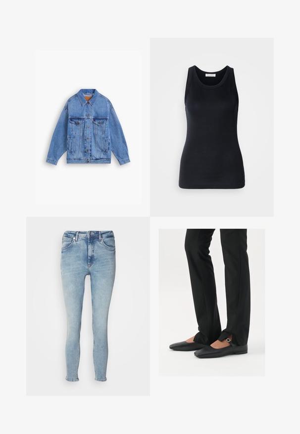 Svjetloplavi traper jakna s klasičnim ovratnikom, dva džepa na prsima, bočne džepove i kopčanje na gumbe. Ima slobodan kroj i vidljivo šivanje.; Črn top brez rokavov, izdelan iz mehkega, raztegljivega materiala. Ima okrogel ovratnik in široke naramnice, s prilagojeno silhueto in gladko teksturo.; Svijetloplave traperice uskog kroja, s dizajnom od pet džepova, zatvaračem u kroku i laganim izbljeđenjem na prednjoj strani. Rublje je preklopljeno na gležnjevima.; Črne usnjene balerinke s koničastim nosom, trak z srebrno zaponko, v kombinaciji s črnimi elegantnimi hlačami z razporkom na robu.