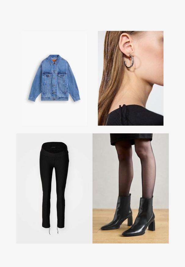 Jasnoniebieska dżinsowa kurtka z klasycznym kołnierzem, dwoma kieszeniami na piersi, kieszeniami bocznymi i zapięciem na guziki. Posiada luźny krój i widoczne przeszycia.; Czarny top na ramiączkach wykonany z miękkiego, rozciągliwego materiału. Posiada okrągły dekolt i szerokie ramiączka, ma dopasowany krój oraz gładką fakturę.; Czarne spodnie w prążki z szerokim, złożonym pasem i ściągaczami na nogawkach. Wykonane z rozciągliwego materiału, zapewniają dopasowany krój.; Czarne skórzane botki za kostkę z ostro zakończonym noskiem, masywnym kwadratowym obcasem i eleganckim designem. Posiadają elastyczne boczne panele dla łatwego zakładania.; Srebrny kolczyk w kształcie koła z polerowanym wykończeniem, z małymi złotymi akcentami, noszony na płatku ucha.