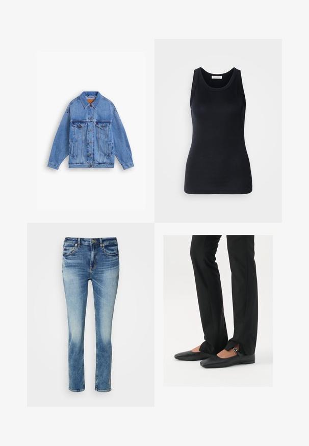 Light blue denim jacket with a classic collar, two chest pockets, side pockets, and button closure. Features a loose fit and visible stitching.; Black tank top made from soft, stretchy fabric. Features a round neckline and wide shoulder straps, with a fitted silhouette and smooth texture.; Light blue denim jeans featuring a straight leg design, slight fading, five-pocket style, and subtle embroidery near the hem.; Black leather ballet flats with a pointed toe, strap with silver buckle, paired with black tailored pants featuring a slit hem.