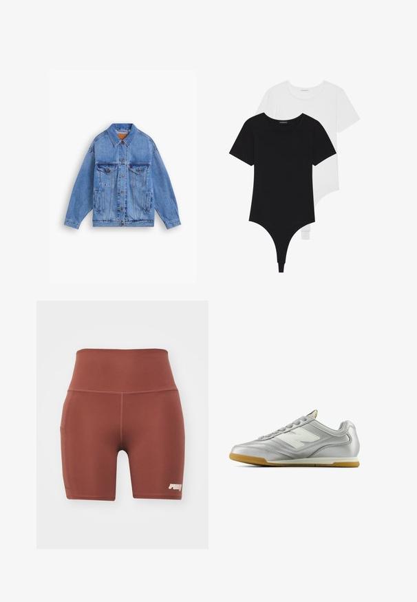 Šviesiai mėlynas džinsinis dzemperis su klasikiniu apykakle, dviem krūtinės kišenėmis, šoninėmis kišenėmis ir mygtukų uždarymu. Turi laisvą fasoną ir matomą siuvinėjimą.; Juodai balti trumpų rankovių bodžiai su apvaliais iškirpimais ir thong tipo apatiniais, pagaminti iš lygaus, tampraus audinio.; Rudos prigludę sportiniai šortai su aukštu juosmeniu, pagaminti iš lygaus audinio. Yra šoninė kišenė ir mažas logotipas dešinėje apatinėje kampo pusėje.; Sidabriniai sportiniai bateliai su lygiu, blizgiu paviršiumi, balta logo šone, tekstūruotomis pilkomis raištelėmis ir guminiais padais.