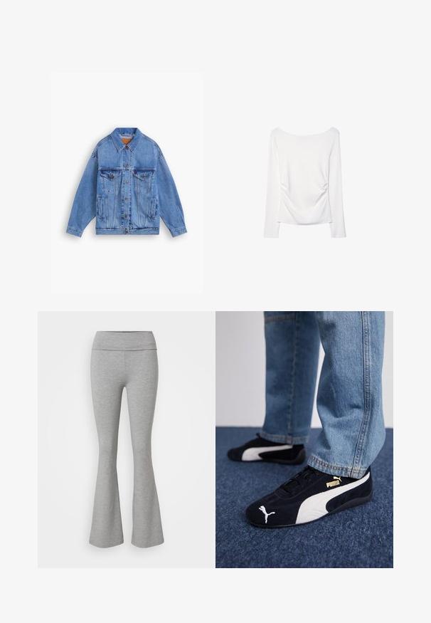 Svijetloplava traper jakna s klasičnom kragnom, dva džepa na prsima, bočnim džepovima i zatvaranjem na gumbe. Ima širok kroj i vidljive šavove.; Dugih rukava bijela majica s širokim izrezom i nabranim detaljem na leđima. Glatka tekstura, uskoprilagođeni dizajn.; Sive uske hlače od mekanog mješavine pamuka. Imaju široki pojas i glatku teksturu, što omogućuje opušteno pristajanje.; Crne suede tenisice s bijelim detaljima, s zlatnim logotipom. Nosene su s svijetloplavim trapericama i postavljene na teksturiranoj plavoj podlozi.