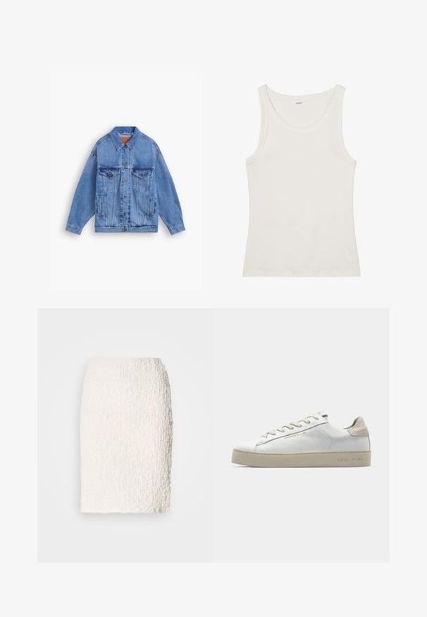 Veste en denim bleu clair avec un col classique, deux poches poitrine, des poches latérales et une fermeture à boutons. Présente une coupe ample et des coutures visibles.; Débardeur en coton blanc avec un col large et de fines bretelles. Texture lisse sans motifs ni embellissements visibles.; Jupe crayon blanche texturée avec une surface légèrement duveteuse, longueur genoux, présentant un design ajusté et sans fermetures ni embellissements visibles.; Sneaker en cuir blanc avec une finition lisse, accents en suède beige, bout arrondi, design à lacets plats et semelle en caoutchouc texturée.