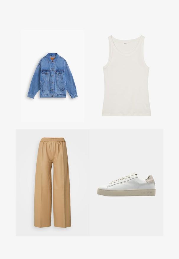 Light blue denim jacket with a classic collar, two chest pockets, side pockets, and button closure. Features a loose fit and visible stitching.; White cotton tank top with a wide neckline and thin shoulder straps. Smooth texture with no visible patterns or embellishments.; Beige faux leather wide-leg pants with an elastic waistband and vertical seam detailing, featuring a smooth, matte texture.; White leather sneaker with a smooth finish, beige suede accents, round toe, flat lace-up design, and a textured rubber sole.