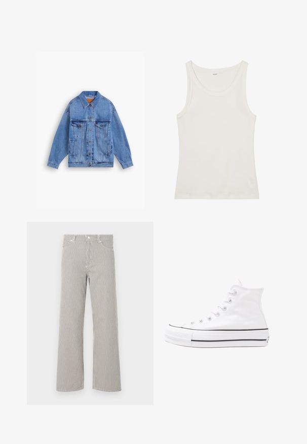 Světle modrá denimová bunda s klasickým límcem, dvěma náprsními kapsami, postranními kapsami a knoflíkovým zapínáním. Má volný střih a viditelné švy.; Bílý bavlněný top bez rukávů s širokým výstřihem a tenkými ramínky. Hladká textura bez viditelných vzorů nebo ozdob.; Pruhované kalhoty s širokými nohavicemi z lehkého materiálu. Mají vertikální černé a bílé pruhy, pás a pět kapes.; Bílé vysoké plátěné tenisky s černou gumovou podrážkou, přední gumovou špičkou a šesti očky na tkaničky, se čistým, minimalistickým designem.