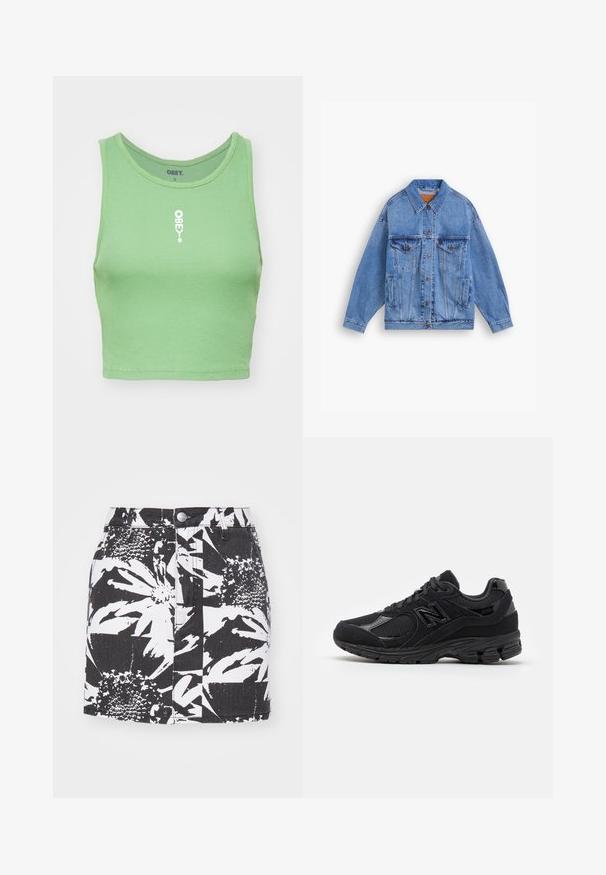 Jaqueta de denim azul claro com colarinho clássico, dois bolsos no peito, bolsos laterais e fecho por botões. Apresenta um corte solto e costuras visíveis.; Top cropped em verde menta com efeito canelado e decote redondo. Apresenta um logótipo branco "OBEY" centrado na parte frontal. O tecido tem uma aparência suave e texturizada.; Saia de ganga preta com um ousado padrão floral branco, forma estruturada, fecho frontal com botões e um tecido texturizado com costuras visíveis.; Sapatos de atletismo pretos com uma mistura de materiais suaves e texturizados, biqueira arredondada, colarinho acolchoado e logo proeminente na lateral.