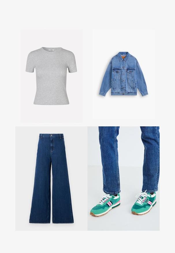 Jasnoniebieska dżinsowa kurtka z klasycznym kołnierzem, dwoma kieszeniami na piersi, kieszeniami bocznymi i zapięciem na guziki. Posiada luźny krój i widoczne przeszycia.; Szary t-shirt z krótkim rękawem o prążkowanej fakturze, okrągłym dekolcie i dopasowanym kroju, z dyskretną metką marki.; Replay - Jeansy Straight Leg; Zielone sportowe sneakersy z białymi i granatowymi akcentami, różowym paskiem i teksturowanym materiałem. Sznurowane białymi sznurówkami; gumowa podeszwa.