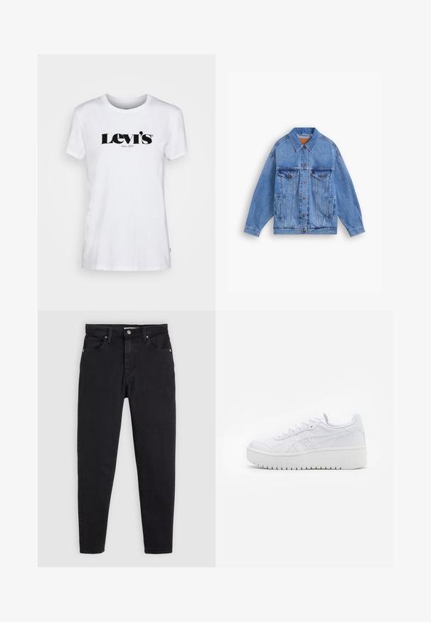 Helle blaue Jeansjacke mit klassischem Kragen, zwei Brusttaschen, Seitentaschen und Knopfverschluss. Hat eine lockere Passform und sichtbare Nähte.; Levi's® THE PERFECT TEE - T-Shirt print - white; Schwarze Slim-Fit-Jeans mit Knopf- und Reißverschluss, Fünf-Taschen-Design und Gürtelschlaufen auf einem hellgrauen Hintergrund.; Weiße Plattform-Sneaker aus glattem Leder mit perforierten Details und flachen Schnürsenkeln; ausgestattet mit einer dicken weißen Gummisohle.