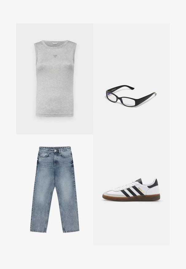 Lichtblauwe spijkerjacket met een klassieke kraag, twee borstzakken, zijzakken en knoopsluiting. Heeft een losse pasvorm en zichtbare stiksels.; Grijze mouwloze top van een zachte katoenmix, met een ronde halslijn en een kleine, gestructureerde driehoekaccent op de voorkant.; Lichtblauwe denim jeans met een rechte pijp, zichtbare stiksels, vijf zakken en een knoopsluiting in de taille.; Witte leren sneaker met zwarte suède accenten, drie zwarte strepen, beige rubberen zool en gouden "SPEZIAL" branding aan de zijkant.; Zwarte rechthoekige bril met heldere glazen. Glanzende afwerking, smalle veren en paarse tint zichtbaar aan de randen van de glazen.