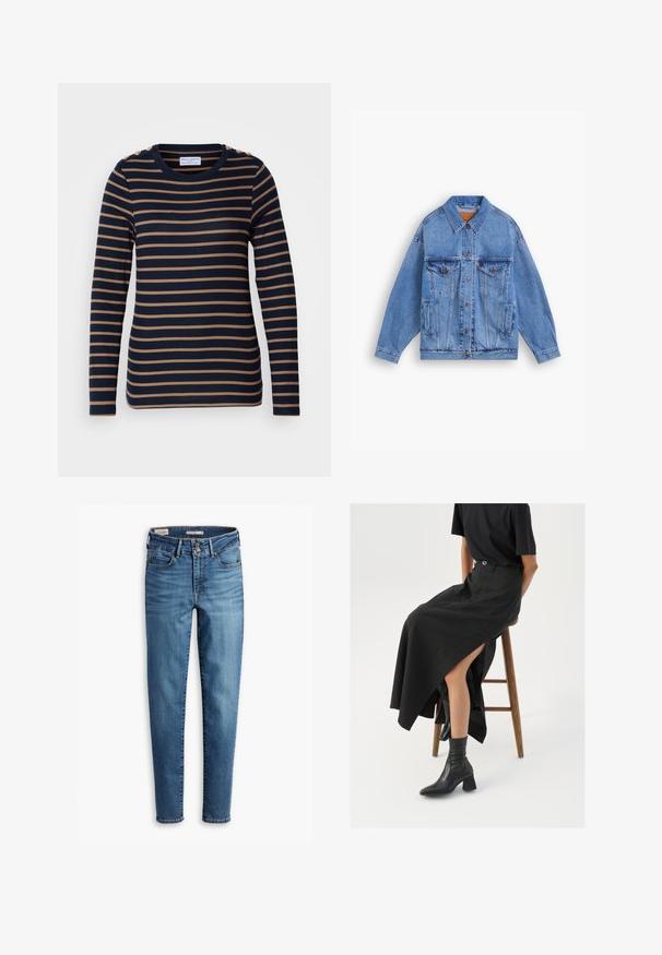 Chaqueta de mezclilla azul claro con un collar clásico, dos bolsillos en el pecho, bolsillos laterales y cierre de botones. Presenta un corte holgado y costuras visibles.; Lindex KATARINA - Camiseta de manga larga - dark navy; Vaqueros ajustados de cintura alta en denim azul claro. Presenta cinco bolsillos, cierre delantero con botón y detalle de costura clásica en todo su diseño.; Falda maxi de lino negra con una abertura alta, combinada con una camiseta negra y botines negros. Diseño minimalista con un ajuste relajado.