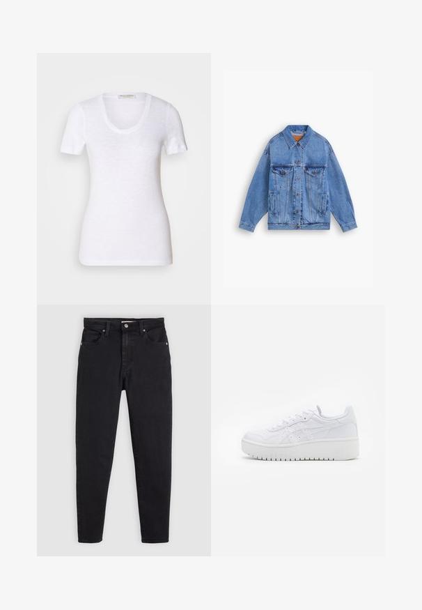Light blue denim jacket with a classic collar, two chest pockets, side pockets, and button closure. Features a loose fit and visible stitching.; White short-sleeve T-shirt made of lightweight fabric, featuring a scoop neckline and a slim-fit design. Subtle texture throughout.; Black slim-fit jeans with button and zipper closure, five-pocket design, and belt loops on a light gray background.; White platform sneakers with a smooth leather texture, perforated detailing, and flat laces; features a thick white rubber sole.