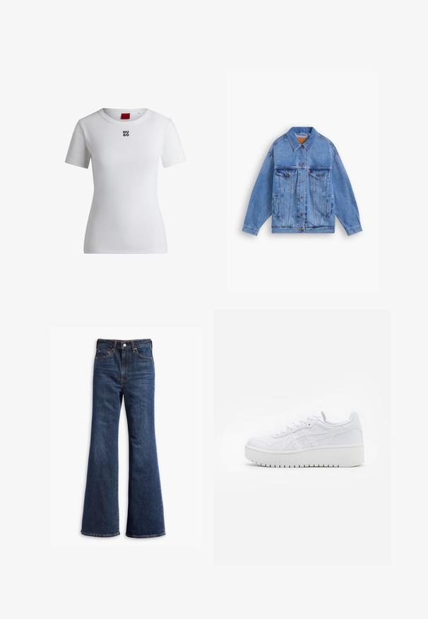 Helle blaue Jeansjacke mit klassischem Kragen, zwei Brusttaschen, Seitentaschen und Knopfverschluss. Hat eine lockere Passform und sichtbare Nähte.; Weißes Baumwoll-T-Shirt mit Rundhalsausschnitt und kurzen Ärmeln. Besitzt ein kleines schwarzes "HUGO"-Logo auf der Brust. Glatte Textur.; Hochtaillierte dunkelblaue Jeans mit ausgestellten Beinen, Vorderknopf- und Reißverschluss sowie Fünf-Taschen-Design.; Weiße Plattform-Sneaker aus glattem Leder mit perforierten Details und flachen Schnürsenkeln; ausgestattet mit einer dicken weißen Gummisohle.