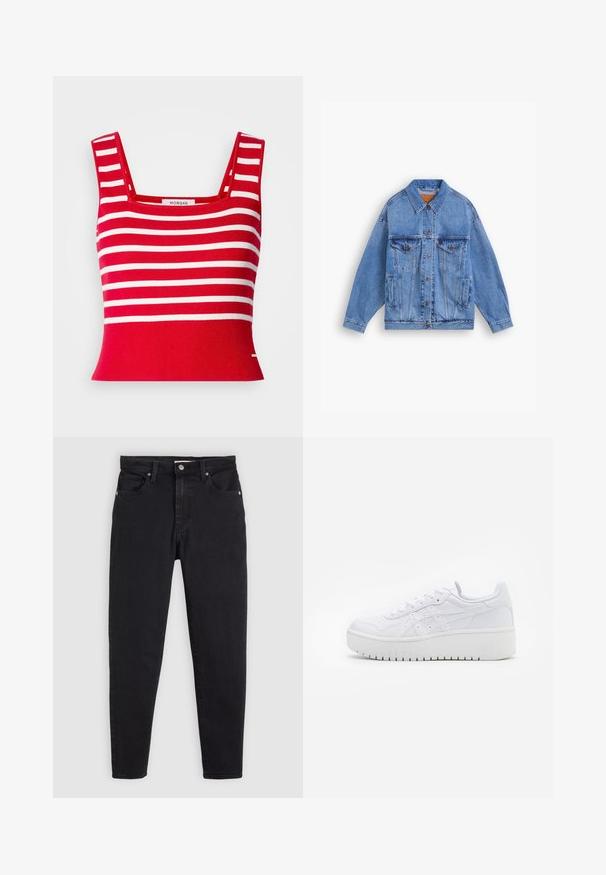 Gai zili džinsu jaka ar klasisku apkakli, divām krūšu kabatām, sānu kabatām un pogu aizdari. Īpaša brīvā piegriezuma forma un redzama šuvšana.; Sarkanā adīta augšdaļa ar baltām horizontālām svītrām. Iespējojot kvadrātveida dekoltē un ribota tekstūra. Etiķete novietota centrā.; Melni pieguļoši džinsi ar pogu un rāvējslēdzēju, piecu kabatu dizains un jostas cilpiņas uz gaiši pelēka fona.; Baltas platform sneakers ar gludu ādas tekstūru, perforētiem akcentiem un plakaniem šņorēm; aprīkots ar biezu baltu gumijas zoli.