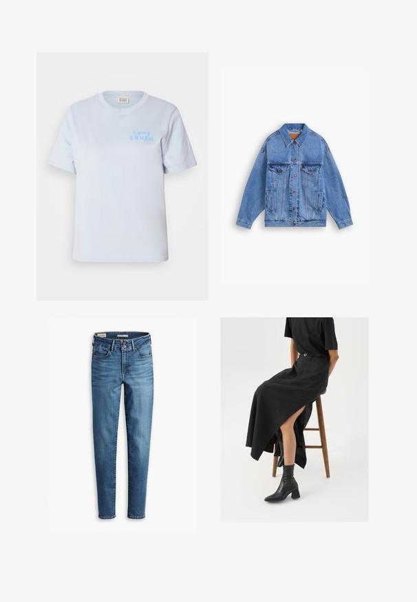 Light blue denim jacket with a classic collar, two chest pockets, side pockets, and button closure. Features a loose fit and visible stitching.; Light blue cotton T-shirt with short sleeves and a crew neck. Features the text "LOVE CRUSH" in a playful style on the left chest.; High-waisted, skinny jeans in light blue denim. Features five pockets, front button closure, and classic stitching detail throughout.; Black linen maxi skirt with a high slit, worn with a black t-shirt and black ankle boots. Minimalistic design with a relaxed fit.