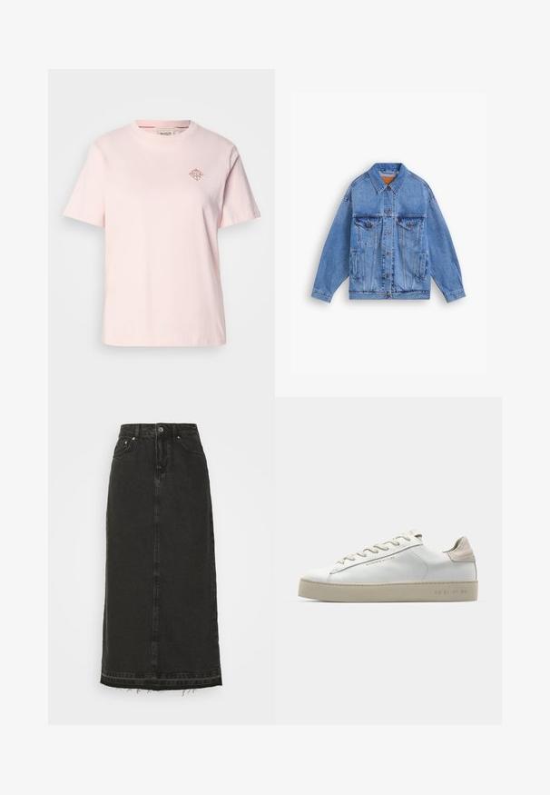 Light blue denim jacket with a classic collar, two chest pockets, side pockets, and button closure. Features a loose fit and visible stitching.; Light pink cotton t-shirt with a crew neckline, short sleeves, and a small diamond-shaped logo in a contrasting color on the chest.; Black denim midi skirt with a fitted waist, front button closure, and frayed hem. Features classic five-pocket design and slight texture.; White leather sneaker with a smooth finish, beige suede accents, round toe, flat lace-up design, and a textured rubber sole.