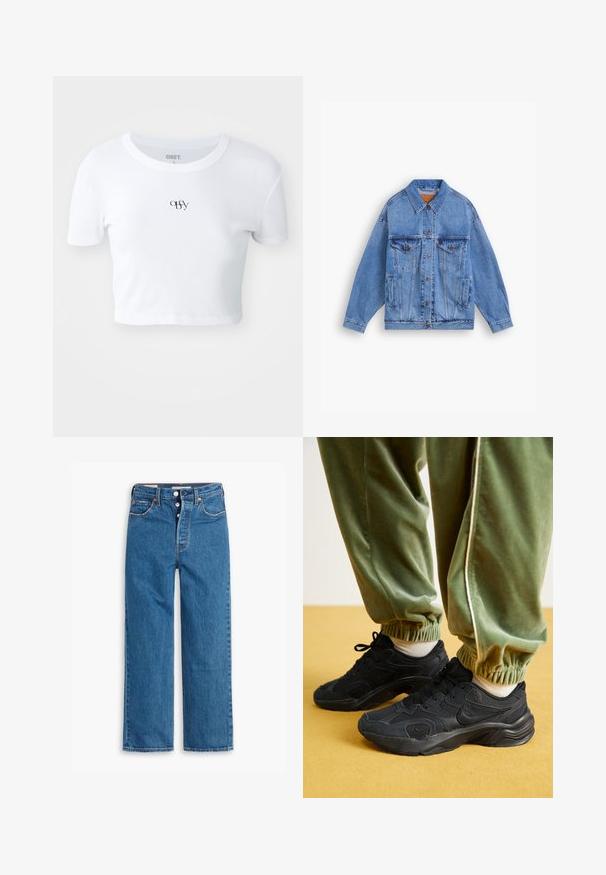 Gai zili džinsu jaka ar klasisku apkakli, divām krūšu kabatām, sānu kabatām un pogu aizdari. Īpaša brīvā piegriezuma forma un redzama šuvšana.; Balts īsām piedurknēm crop tops, izgatavots no ribota materiāla. Piedāvā diskrētu melnu logo centrā uz krūtīm, apaļu kakla izgriezumu un pieguļošu dizainu.; Zilo denima taisna griezuma džinsi ar augstu vidukli, piecu kabatu dizainu un pogu aizdari. Pamanāmas šuves un vara krāsas kniedes.; Melnas sporta kedas ar sietiņu un sintētiskām virsējo slāņu, faktūrētu zoli, kopā ar zaļajiem svītrainajiem sporta biksēm ar elastīgiem piedurknēm, uz dzeltenas virsmas.