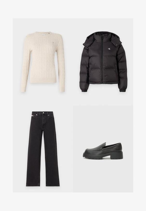 Black puffer jacket with a high collar, zip closure, and an embroidered logo on the chest. Features elastic cuffs and a detachable hood.; Beige cable-knit sweater with a round neckline, long sleeves, and ribbed cuffs. Features a small logo detail on the chest.; Black wide-leg jeans made of denim, featuring a high-rise waist, five-pocket styling, and a metal button closure with contrasting stitching.; Black leather loafers with a rounded toe, thick textured sole, and minimal stitching details. Sleek design with no visible laces or hardware.