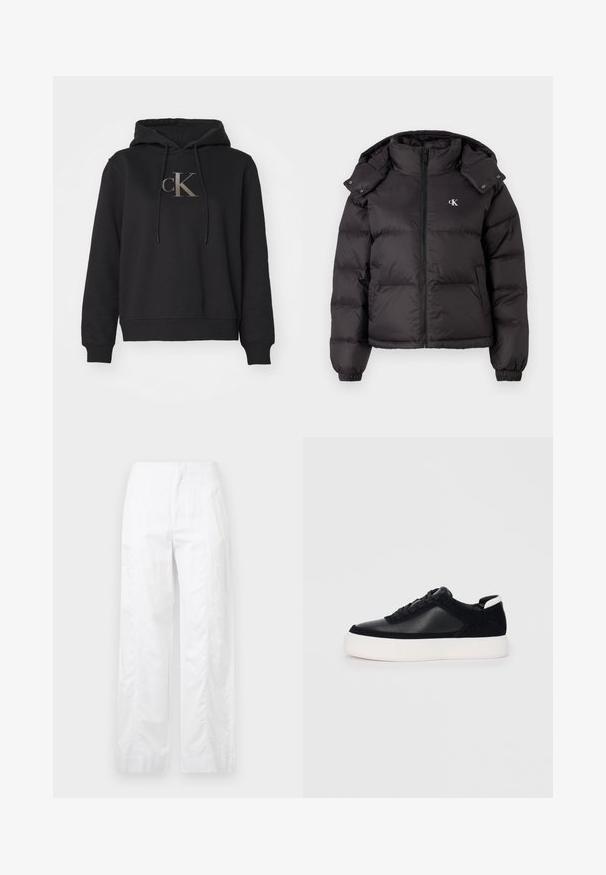 Jachetă puffer neagră cu guler înalt, închidere cu fermoar și un logo brodat pe piept. Dispune de manșete elastice și glugă detașabilă.; Hanorac negru dintr-un amestec de bumbac, cu un buzunar mare în față, glugă cu șnur și un logo auriu "CK" pe piept.; Pantaloni albi cu croială largă, fabricați dintr-un material ușor, având o textură netedă, linii curate și un design cu talie înaltă.; Sneaker negru cu piele netedă și panouri din întăritură, șireturi plate, vârf rotund și talpă din cauciuc alb. Logo distinct pe călcâi.