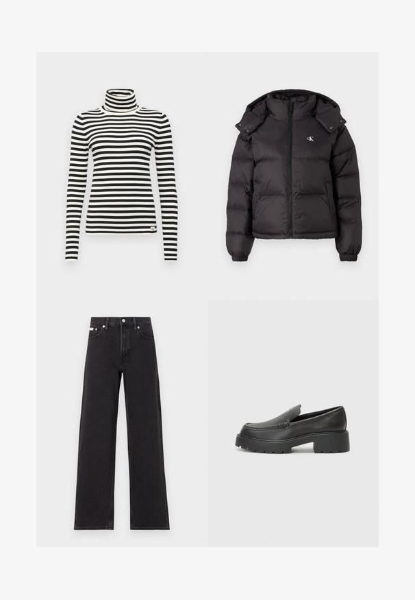 Schwarze Pufferjacke mit hohem Kragen, Reißverschluss und gesticktem Logo auf der Brust. Verfügt über elastische Bündchen und eine abnehmbare Kapuze.; Gestreifter Rollkragenpullover in Schwarz-Weiß aus geripptem Stoff, mit langen Ärmeln und einem kleinen Logotag nahe dem Saum.; Schwarze weit geschnittene Jeans aus Denim mit einem hoch sitzenden Bund, fünf Taschen und einem Metallknopfverschluss mit kontrastierendem Nähte.; Schwarze Lederloafer mit einer abgerundeten Spitze, dicker strukturierten Laufsohle und minimalen Nähten. Schlankes Design ohne sichtbare Schnürsenkel oder Beschläge.