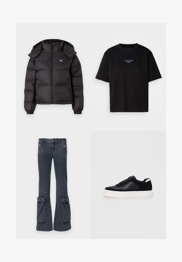 Mustat puhallettu takki, jossa on korkea kaulus, vetoketjusulkoitus ja brodeerattu logo rinnassa. Takissa on elastiset hihansuut ja irrotettava huppu.; Musta puuvillainen t-paita, jossa on pyöreä kaula-aukko, lyhyet hihat ja sininen brodeerattu "Calvin Klein JEANS" -logo edessä.; Tummat farkut, joissa on levenevä lahje, sivuvetoketjut ja rullatut yksityiskohdat helmassa. Viehättävän sileä pinta ja klassinen viisi taskua -suunnittelu.; Musta lenkkari sileällä nahka- ja mokkanahkapaneelilla, litteät nauhat, pyöreä varvas sekä valkoinen kumipohja. Erottuva logo kantapäässä.