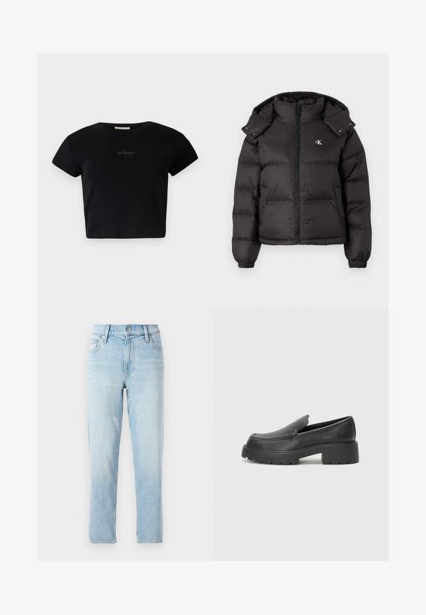 Mustat puhallettu takki, jossa on korkea kaulus, vetoketjusulkoitus ja brodeerattu logo rinnassa. Takissa on elastiset hihansuut ja irrotettava huppu.; Musta ribattu lyhythihainen crop-top pehmeästä materiaalista, jossa on hienovarainen Calvin Klein -logo keskellä. Yksinkertainen, klassinen muotoilu.; Vaaleansiniset farkut, suora lahjetyyli, keskikorkea vyötärö, viisi taskua ja nappikiinnitys edessä.; Musta nahkakengät, joissa on pyöristetty kärki, paksu teksturoitu pohja ja vähäiset ompeluyksityiskohdat. Tyylikäs muotoilu, jossa ei ole näkyviä nauhoja tai metalliosia.