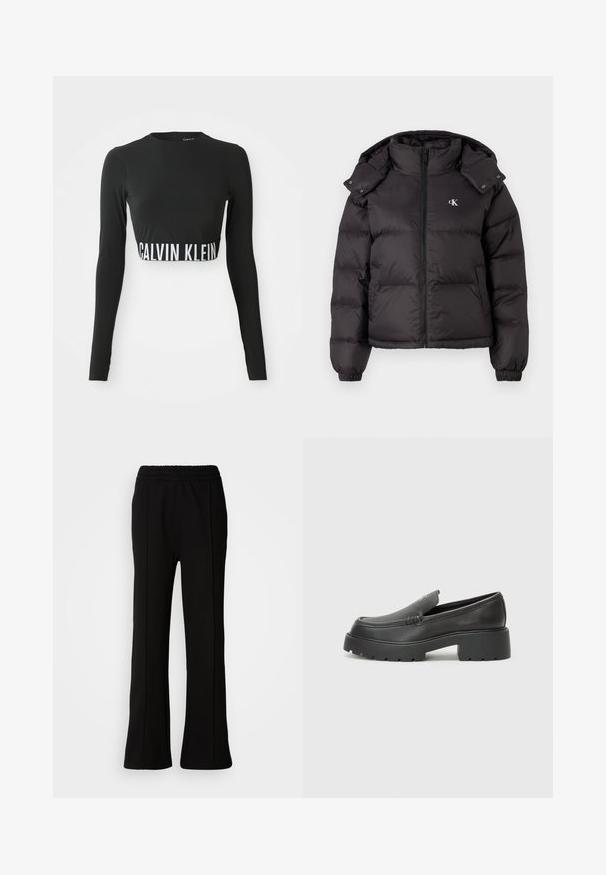 Melnā pūkainā jaka ar augstu apkakli, rāvējslēdzēju un izšūtu logotipu uz krūtīm. Iezīmē elastīgas aproces un noņemamu kapuci.; Melna garlaiciņu apgriezta augšdaļa ar augstu kakla izgriezumu un balto "Calvin Klein" logo gumiju ap vidu.; Melna elastīga josta bikses ar paplatinātu dizainu, kas iezīmējas ar tīrām līnijām un bez redzamām rotājumām. Izgatavotas no gludas, elastīgas auduma.; Melnas ādas mokasīni ar noapaļotu purngalu, biezs teksturēts zoles un minimālas dūriena detaļas. Gluds dizains bez redzamām auklām vai metāla elementiem.