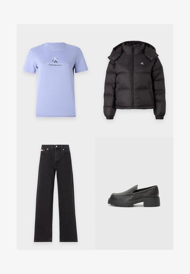 Doudoune noire avec un col haut, fermeture éclair et un logo brodé sur la poitrine. Caractéristiques : poignets élastiques et capuche amovible.; T-shirt en coton lilas avec col rond, manches courtes et impression centrale du logo en argent. Texture lisse, coupe classique.; Jeans noirs à jambes larges en denim, avec une taille haute, une coupe à cinq poches et une fermeture à bouton en métal avec des coutures contrastantes.; Mocassins en cuir noir avec un bout arrondi, une semelle épaisse et texturée, et des détails de couture minimalistes. Design épuré sans lacets ni métal visibles.