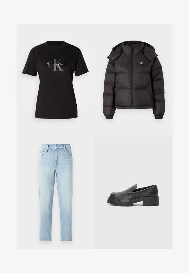 Svart puffjakke med høyt krage, glidelås lukking og brodert logo på brystet. Har elastiske mansjetter og avtagbar hette.; Svart bomull t-skjorte med korte ermer, rund hals og et sentralt logodesign med "Calvin Klein" og "CK" i grått.; Lyseblå denimjeans, rett ben-design, midjehøyde, med fem lommer og en knappelukking foran.; Sorte skinnloafers med rund tå, tykk teksturert såle og minimale sømdetaljer. Strømlinjeformet design uten synlige snørebånd eller hardvarer.