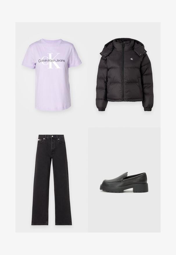 Black puffer jacket with a high collar, zip closure, and an embroidered logo on the chest. Features elastic cuffs and a detachable hood.; Calvin Klein Jeans MONOLOGO REGULAR TEE - Print T-shirt - candy apple; Black wide-leg jeans made of denim, featuring a high-rise waist, five-pocket styling, and a metal button closure with contrasting stitching.; Black leather loafers with a rounded toe, thick textured sole, and minimal stitching details. Sleek design with no visible laces or hardware.