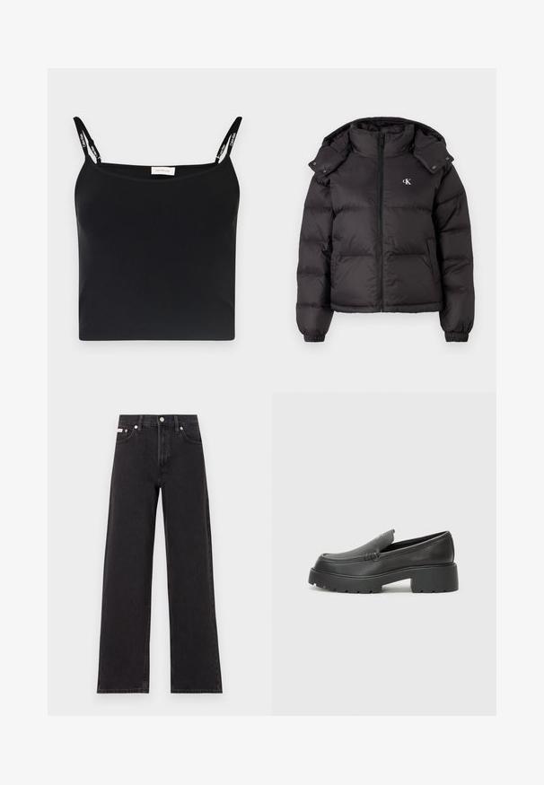 Giacca a vento nera con colletto alto, chiusura a zip e logo ricamato sul petto. Presenta polsini elasticizzati e cappuccio removibile.; Camisola nera a coste con spalline sottili, caratterizzata dal marchio Calvin Klein. Design semplice e aderente con una superficie liscia e senza ulteriori motivi.; Jeans neri a gamba larga in denim, con vita alta, styling a cinque tasche e chiusura con bottone metallico e cuciture a contrasto.; Mocassini in pelle nera con punta arrotondata, suola spessa e testurizzata, e minime cuciture. Design elegante senza lacci o parti metalliche visibili.