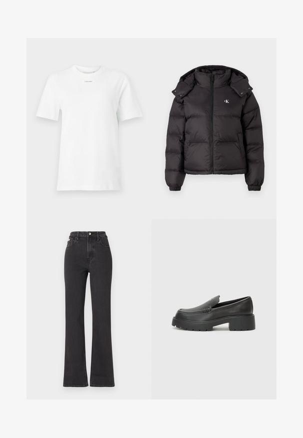 Svart puffjakke med høyt krage, glidelås lukking og brodert logo på brystet. Har elastiske mansjetter og avtagbar hette.; Hvit bomull t-skjorte med rund hals, korte ermer og en liten svart "Calvin Klein" logo på brystet. Enkel design, ingen mønstre.; Svarte høyt midje, utsvingte jeans laget av denim, med knappelukking, beltehemper og sidelommer. Glatt tekstur med minimal falming.; Sorte skinnloafers med rund tå, tykk teksturert såle og minimale sømdetaljer. Strømlinjeformet design uten synlige snørebånd eller hardvarer.