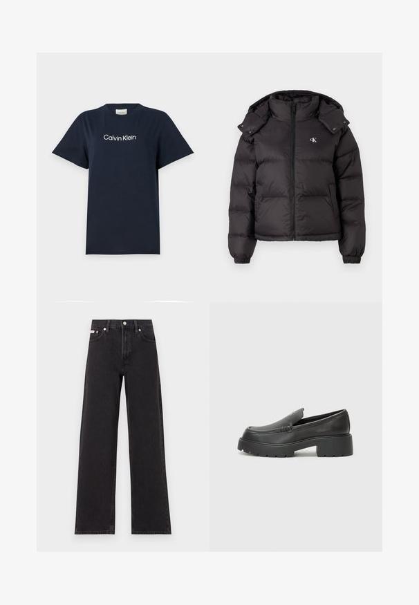 Black puffer jacket with a high collar, zip closure, and an embroidered logo on the chest. Features elastic cuffs and a detachable hood.; Navy blue cotton t-shirt with short sleeves and a crew neck. Features white "Calvin Klein" text logo at the chest. Simple and classic design.; Black wide-leg jeans made of denim, featuring a high-rise waist, five-pocket styling, and a metal button closure with contrasting stitching.; Black leather loafers with a rounded toe, thick textured sole, and minimal stitching details. Sleek design with no visible laces or hardware.