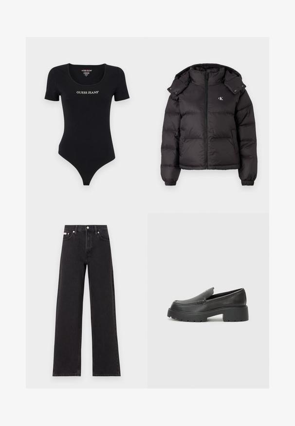 Casaco puffer preto com gola alta, fecho por zip e um logótipo bordado no peito. Possui punhos elásticos e capuz destacável.; Bodysuit preto de mangas curtas com decote redondo e logotipo "GUESS JEANS" em branco. Feito de material macio e elástico com uma silhueta justa.; Jeans de perna larga pretos feitos de denim, apresentando uma cintura alta, estilo de cinco bolsos e um fecho em botão de metal com costura contrastante.; Mocassins de couro preto com bico arredondado, sola espessa e texturizada, e detalhes de costura minimalistas. Design elegante sem atacadores ou ferragens visíveis.