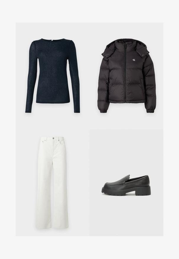 Svart puffjakke med høyt krage, glidelås lukking og brodert logo på brystet. Har elastiske mansjetter og avtagbar hette.; Langermet topp i mørk marineblå, laget av lett og litt teksturert stoff med rund hals og tettsittende fasong.; Samsøe Samsøe SHELLY - Jeans relaxed fit - clear cream; Sorte skinnloafers med rund tå, tykk teksturert såle og minimale sømdetaljer. Strømlinjeformet design uten synlige snørebånd eller hardvarer.