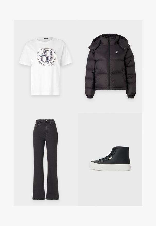 Black puffer jacket with a high collar, zip closure, and an embroidered logo on the chest. Features elastic cuffs and a detachable hood.; White cotton t-shirt featuring a round graphic with black text "JOOP!" and floral patterns in blue, pink, and white. Short sleeves, crew neck.; Black high-waisted flared jeans made of denim, featuring a button closure, belt loops, and side pockets. Smooth texture with minimal fading.; Black high-top sneakers made of smooth leather with a white rubber sole. Features eyelets for laces and a small brand logo on the side.