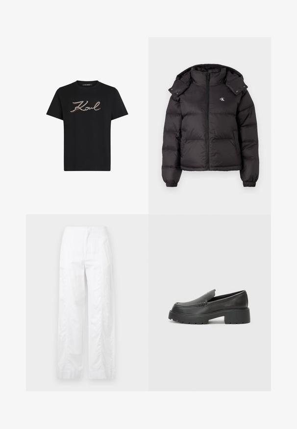 Black puffer jacket with a high collar, zip closure, and an embroidered logo on the chest. Features elastic cuffs and a detachable hood.; Black cotton T-shirt featuring a silver and red embroidered "Karl" logo. Short sleeves and crew neckline. Smooth texture, regular fit.; White wide-leg trousers made of lightweight fabric, featuring a smooth texture, clean lines, and a high waist design.; Black leather loafers with a rounded toe, thick textured sole, and minimal stitching details. Sleek design with no visible laces or hardware.