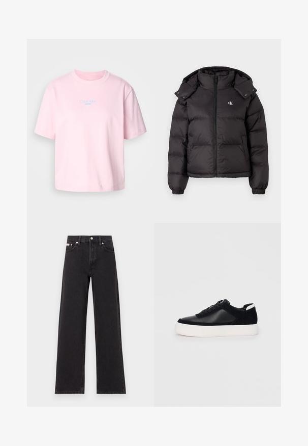 Casaco puffer preto com gola alta, fecho por zip e um logótipo bordado no peito. Possui punhos elásticos e capuz destacável.; T-shirt de algodão rosa com decote redondo, mangas curtas e um logótipo azul "Calvin Klein JEANS" colocado centralmente no peito.; Jeans de perna larga pretos feitos de denim, apresentando uma cintura alta, estilo de cinco bolsos e um fecho em botão de metal com costura contrastante.; Sapatilha preta com painéis de pele lisa e camurça, atacadores planos, bico arredondado e sola de borracha branca. Logótipo distinto no calcanhar.