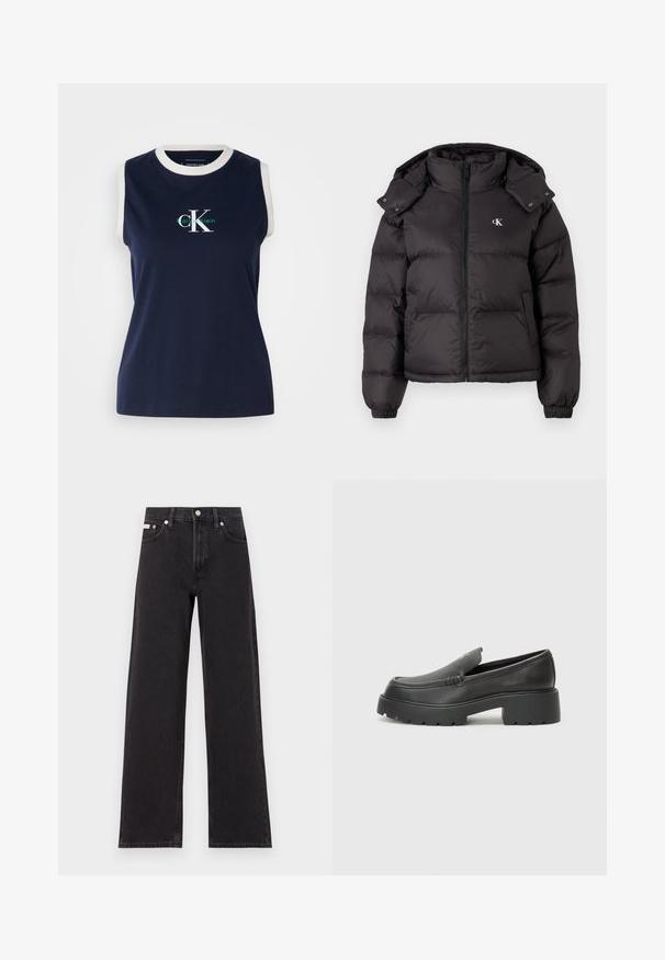 Casaco puffer preto com gola alta, fecho por zip e um logótipo bordado no peito. Possui punhos elásticos e capuz destacável.; Top de algodão sem mangas na cor azul-marinho com um decote canelado branco, apresentando um logotipo verde e branco "Calvin Klein" na frente. Textura suave.; Jeans de perna larga pretos feitos de denim, apresentando uma cintura alta, estilo de cinco bolsos e um fecho em botão de metal com costura contrastante.; Mocassins de couro preto com bico arredondado, sola espessa e texturizada, e detalhes de costura minimalistas. Design elegante sem atacadores ou ferragens visíveis.