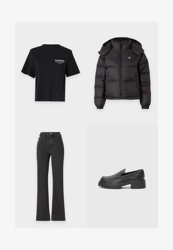 Crna puf jakna s visokim ovratnikom, zatvaranjem na patentni zatvarač i izvezenim logotipom na prsima. Ima elastične manžetne i odvojivu kapuljaču.; Crna pamučna majica s okruglim izrezom i kratkim rukavima. Ima bijeli ispis na lijevoj strani prsnog područja. Jednostavan, opušteni kroj.; Crne traperice s visokim strukom i proširenim dnom, izrađene od denima, s kopčanjem na dugme, petljama za remen i bočnim džepovima. Glatka tekstura s minimalnim izblijedjenjem.; Crne kožne loaferice s zaobljenim vrhom, debelim teksturiranim potplatom i minimalnim detaljima šivanja. Elegantna izrada bez vidljivih vezica ili metalnih elemenata.