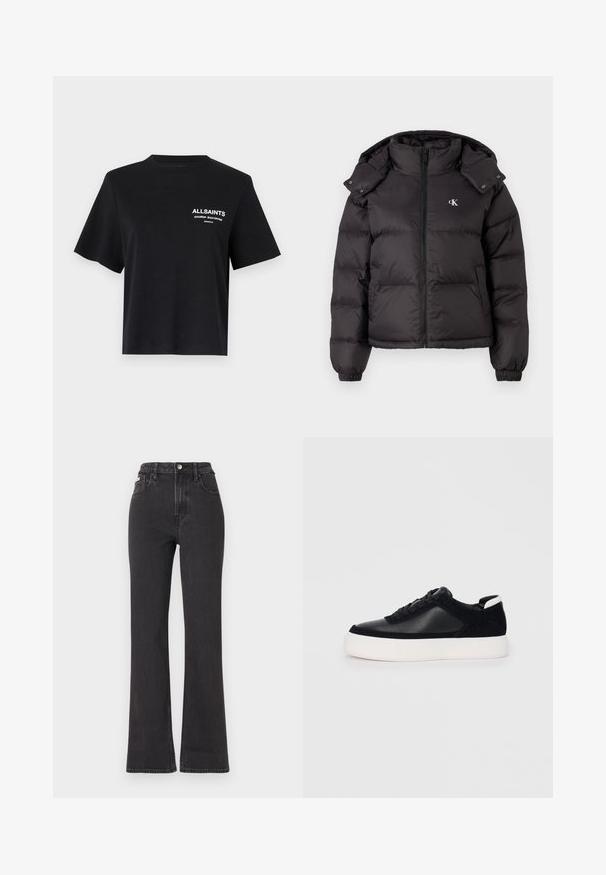 Must must vest, mille kõrge kaelusega, lukuga ja tikkimisega logo rinnal. Omab elastseid mansette ja eemaldatavat kapuutsit.; Must musträt T-särk lühikeste varrukatega ja ümmarguse kaelusega. Vasakul rinnal on valge trükitud tekst. Lihtne ja mugav lõige.; Mustad kõrge vöökohaga laienevad teksapüksid, mis on valmistatud denimist, varustatud nööbiga kinnitamise, vöörihmade ja küljetaskutega. Sile tekstuur minimaalse pleekimisega.; Mustad mustad spordijalanõud siledast nahast ja sametist paneelidega, lame nööriga, ümar varvas ja valge kummist tallaga. Erakordne logo kontsas.