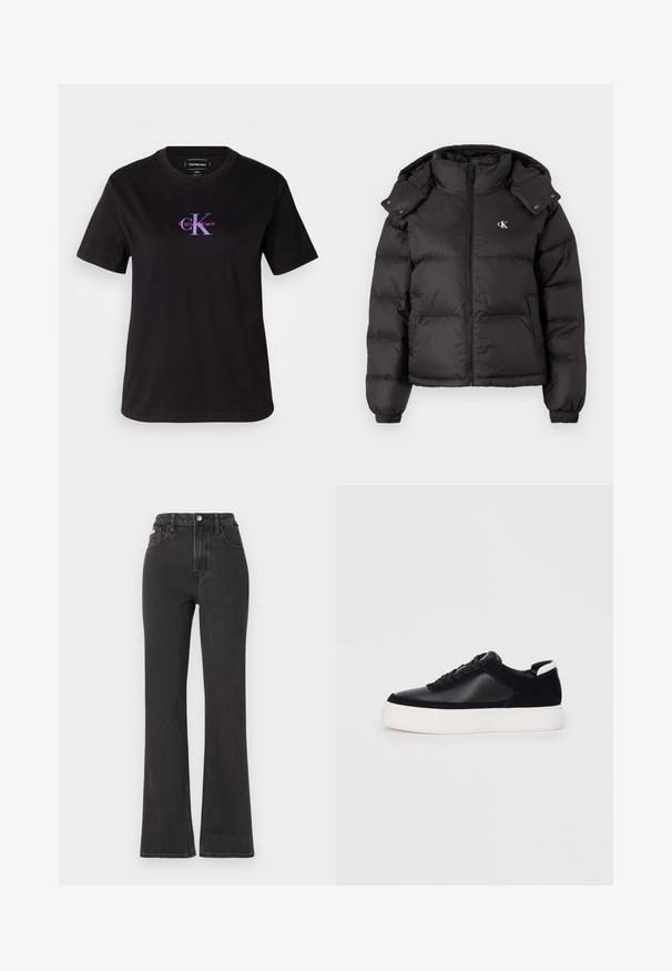 Czarna kurtka puchowa z wysokim kołnierzem, zapięciem na zamek błyskawiczny oraz haftowanym logo na piersi. Ma elastyczne mankiety i odpinany kaptur.; Czarna bawełniana koszulka z okrągłym dekoltem. Posiada frontowy logo w kolorze purpurowym i czerwonym. Krótkie rękawy o luźnym kroju.; Czarne jeansy z wysokim stanem i rozszerzanym dołem, wykonane z denimu, z zapięciem na guzik, szlufkami na pasek oraz kieszeniami bocznymi. Gładka faktura z minimalnym przetarciem.; Czarne sneakersy z gładkiej skóry i zamszowymi panelami, płaskimi sznurowadłami, zaokrąglonym noskiem i białą gumową podeszwą. Wyraźne logo na pięcie.