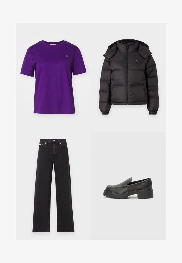 Black puffer jacket with a high collar, zip closure, and an embroidered logo on the chest. Features elastic cuffs and a detachable hood.; GANT SHIELD - Basic T-shirt - pansy purple; Black wide-leg jeans made of denim, featuring a high-rise waist, five-pocket styling, and a metal button closure with contrasting stitching.; Black leather loafers with a rounded toe, thick textured sole, and minimal stitching details. Sleek design with no visible laces or hardware.