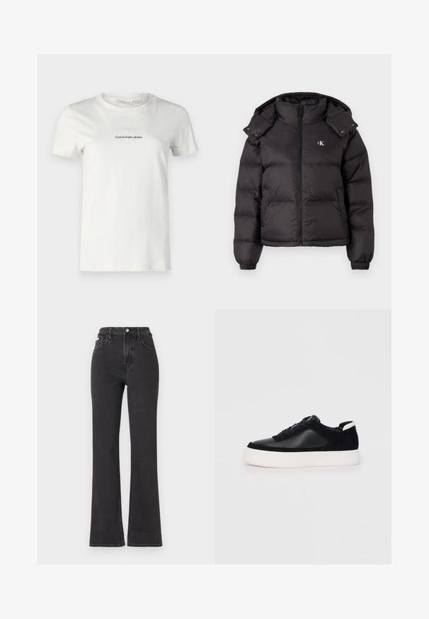 Black puffer jacket with a high collar, zip closure, and an embroidered logo on the chest. Features elastic cuffs and a detachable hood.; White cotton t-shirt with short sleeves, crew neck, featuring a small, embroidered "Calvin Klein Jeans" logo in dark brown. Simple design.; Black high-waisted flared jeans made of denim, featuring a button closure, belt loops, and side pockets. Smooth texture with minimal fading.; Black sneaker with smooth leather and suede panels, flat laces, rounded toe, and a white rubber sole. Distinct logo on the heel.