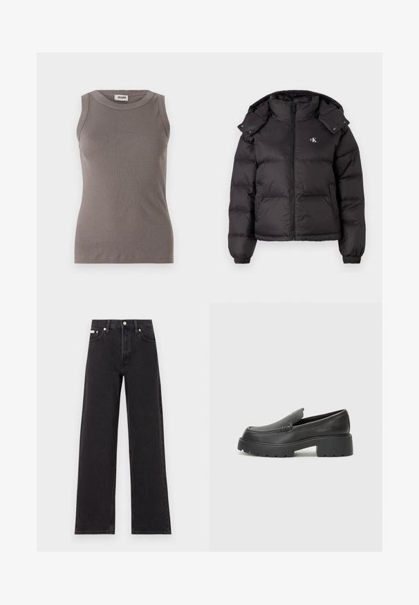 Giacca a vento nera con colletto alto, chiusura a zip e logo ricamato sul petto. Presenta polsini elasticizzati e cappuccio removibile.; Canotta grigia a costine con scollatura rotonda e design senza maniche, realizzata in un tessuto morbido e testurizzato. Silhouette semplice e aderente.; Jeans neri a gamba larga in denim, con vita alta, styling a cinque tasche e chiusura con bottone metallico e cuciture a contrasto.; Mocassini in pelle nera con punta arrotondata, suola spessa e testurizzata, e minime cuciture. Design elegante senza lacci o parti metalliche visibili.
