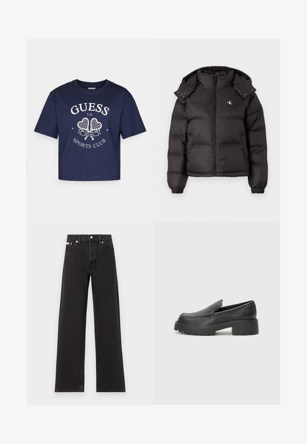 Black puffer jacket with a high collar, zip closure, and an embroidered logo on the chest. Features elastic cuffs and a detachable hood.; Navy cotton t-shirt with short sleeves, round neck, and white "GUESS L.A. SPORTS CLUB" graphic featuring two tennis rackets.; Black wide-leg jeans made of denim, featuring a high-rise waist, five-pocket styling, and a metal button closure with contrasting stitching.; Black leather loafers with a rounded toe, thick textured sole, and minimal stitching details. Sleek design with no visible laces or hardware.